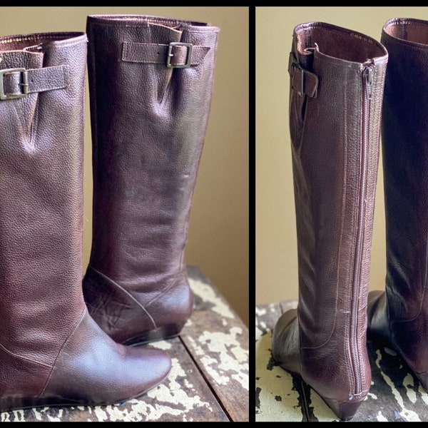 Vintage 1980’s tall boots brown pebbled leather wedge heel back zip Cathy Jean // 6