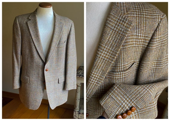 Vintage 70’s wool sport coat brown & blue check K… - image 1