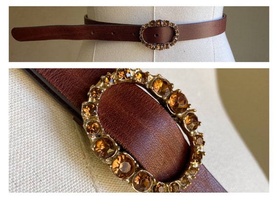 Vintage 70’s brown leather skinny belt topaz rhin… - image 1