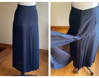 Vintage 80’s sheer black midi skirt pleated panels fitted hip Claude Bert France // 26” waist