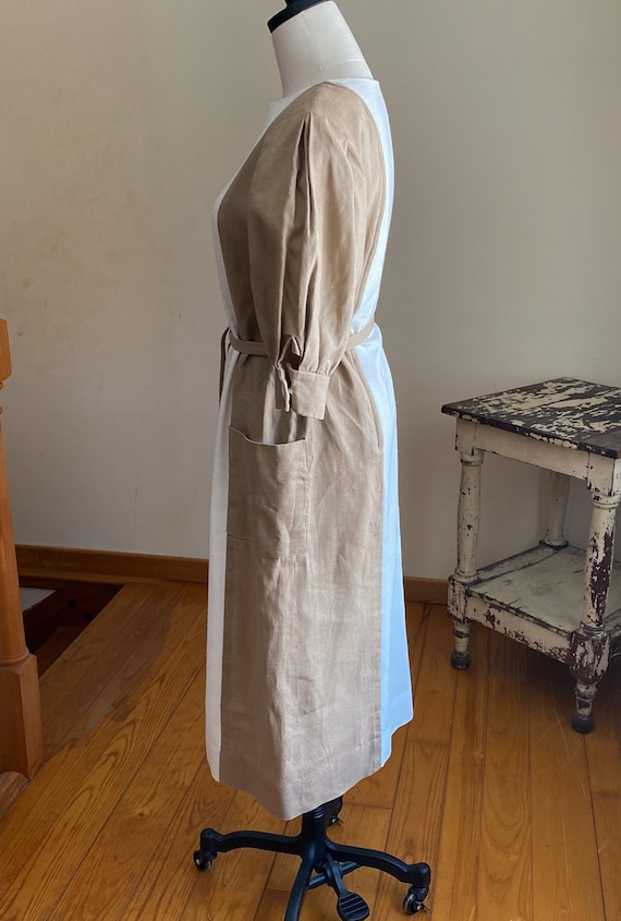 Vintage 80’s linen dress white & tan color block … - image 3