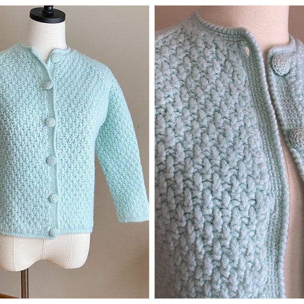 Vintage 60’s aqua blue wool cardigan sweater basketweave Italy // 38” bust