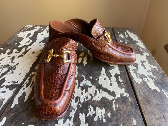 Vintage Y2K brown leather mules croc embossed sho… - image 2