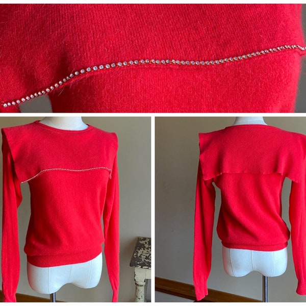 Vintage 80’s red angora sweater rhinestone trim sailor collar // 36” bust