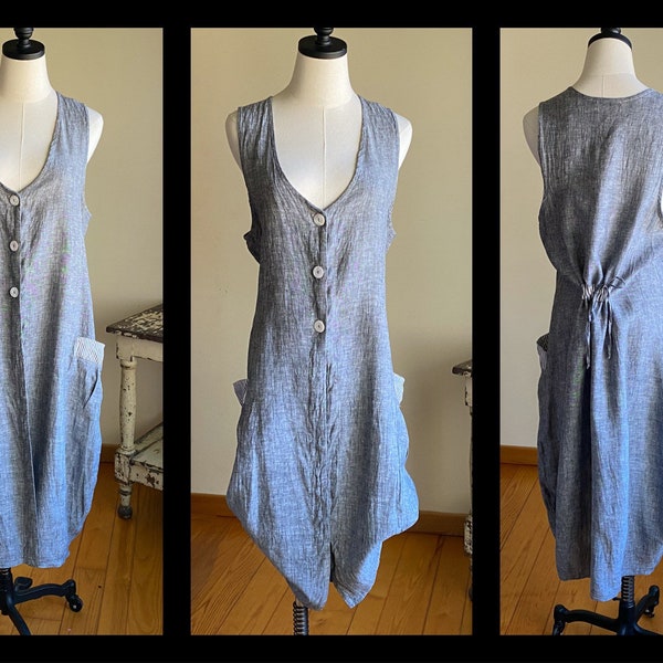 Vintage 90’s linen dress lagenlook long layering vest POCKETS! Fenini //M