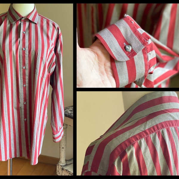 Vintage 60’s dress shirt red & gray bold wide stripe cotton Neiman Marcus // 50” chest