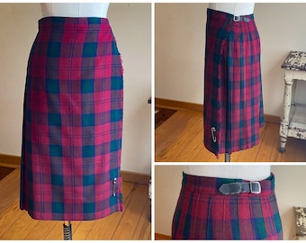 Vintage 80’s wool kilt red blue & green plaid pleated skirt // 30-32” waist