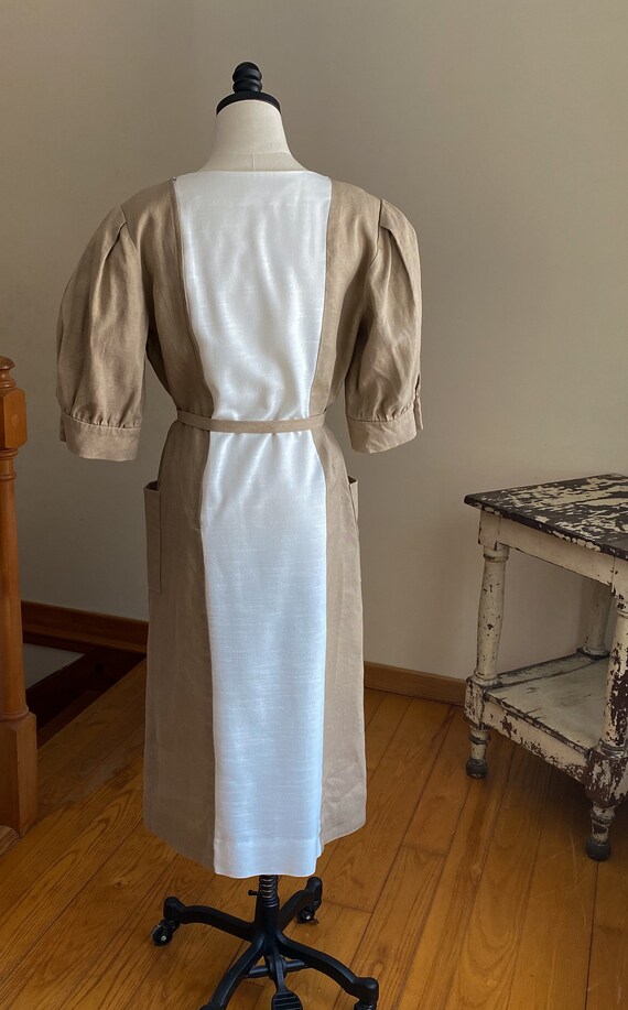 Vintage 80’s linen dress white & tan color block … - image 5