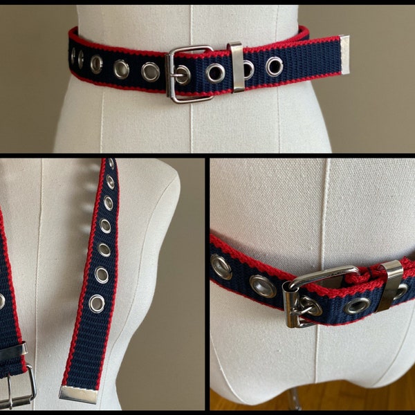 Vintage 80’s preppy web belt navy blue & red BIG silver grommets fully adjustable // XS S M