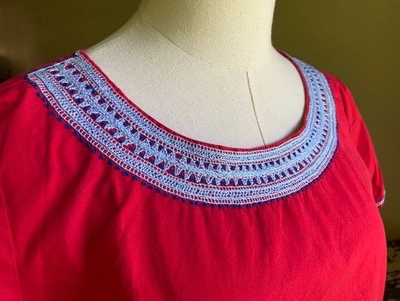 Vintage 1950’s peasant blouse red aqua navy blue cott… - Gem