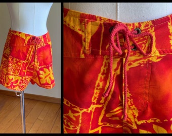 Vintage 80’s swim trunks orange tropical print board shorts Hobie NEW NOS // 32” waist
