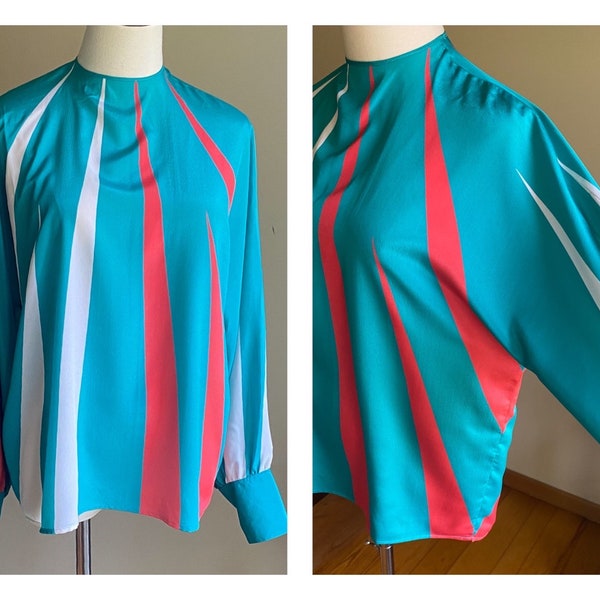 Vintage 80’s bold graphic blouse teal red & white Serge Nancel // 44” bust