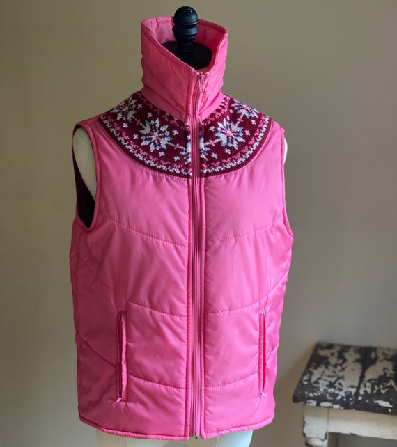 Vintage 80’s fair isle puffer vest hot pink snowf… - image 4