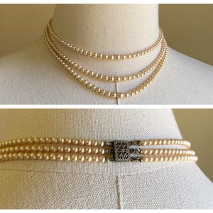Vintage 50’s graduated pearl 3 strand costume necklace // 14.75”