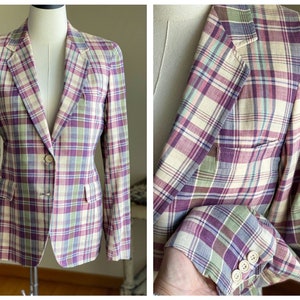 Vintage 80’s sport jacket plaid madras cotton purple green summer blazer // 38 R