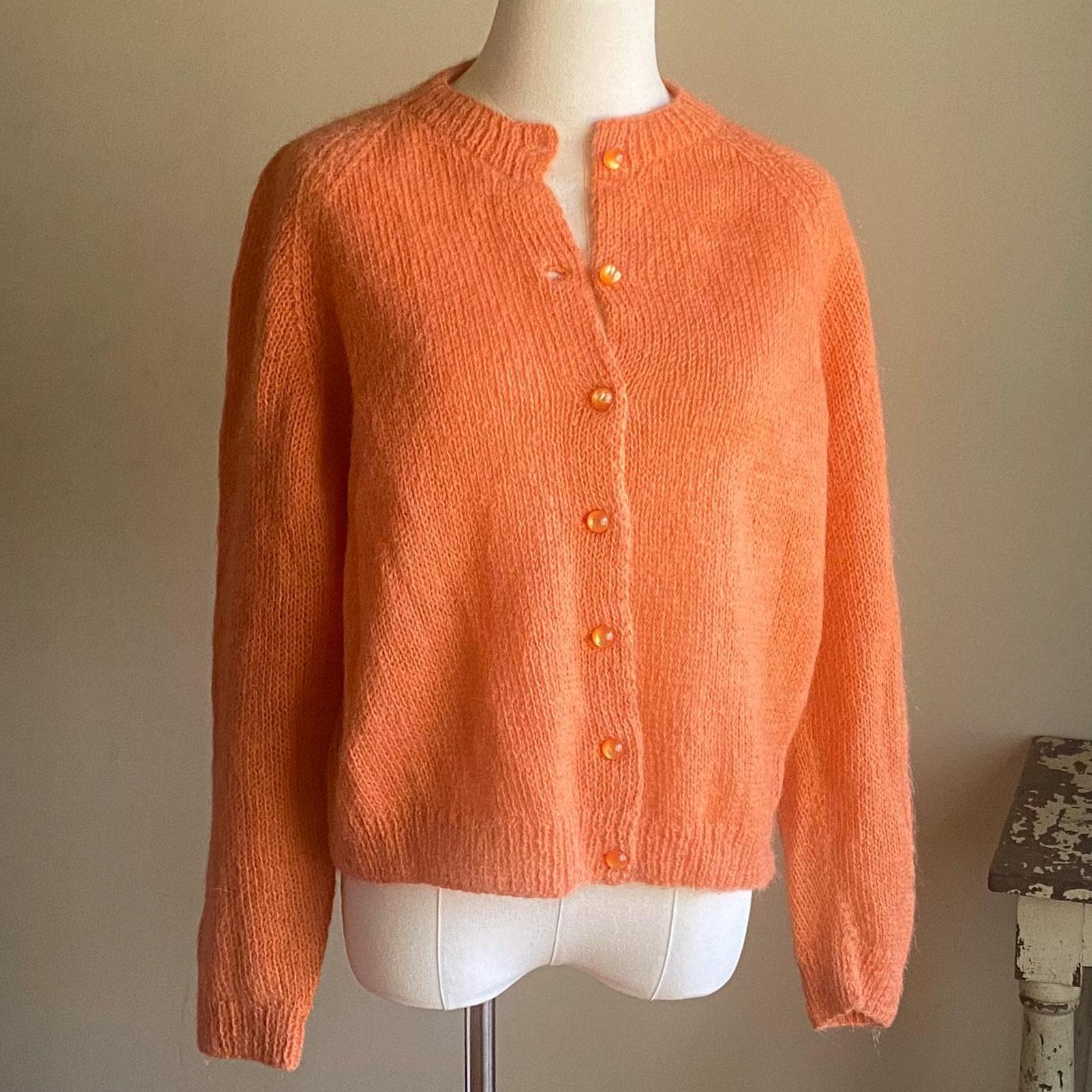 Vintage 60's Mohair Cardigan Melon Orange Hand Knit Sweater // 44