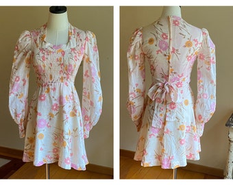 Vintage 70’s mini dress sheer balloon sleeve fitted pink & orange floral Jody T // 24” waist