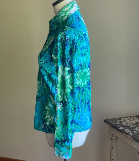 Vintage 70’s blouse blue & green mod floral print… - image 6