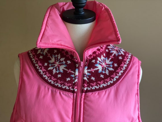 Vintage 80’s fair isle puffer vest hot pink snowf… - image 3