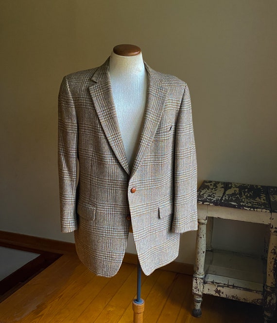 Vintage 70’s wool sport coat brown & blue check K… - image 3