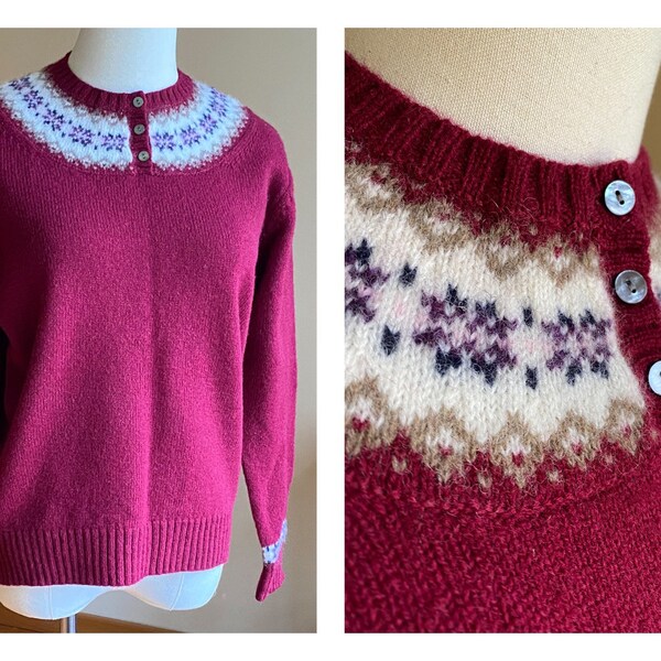 Vintage 80's LL Bean fair isle yugo suéter granate rojo lana Shetland // busto de 41"