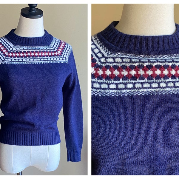 Vintage 80’s wool square yoke sweater navy blue knit Pandora // 34” bust