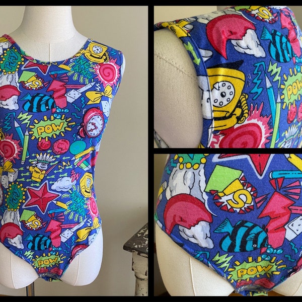 Vintage 1980’s graffiti print pop art graphic comic bodysuit sleeveless stretch tank // S