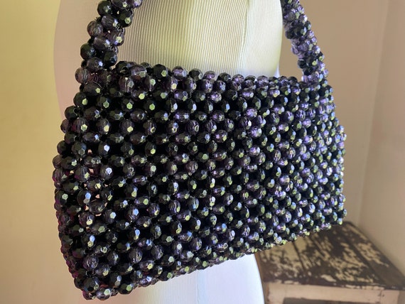 Vintage 60’s beaded crochet purse black & purple … - image 4