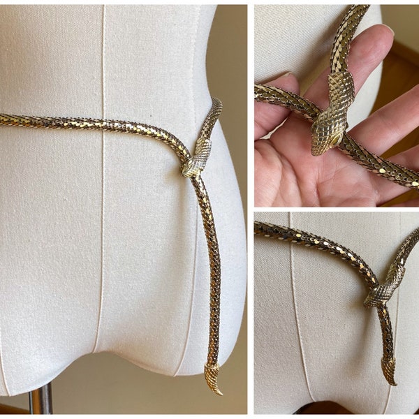 Vintage 70’s skinny snake belt ouroboros gold metal mesh Whiting & Davis // 35” max
