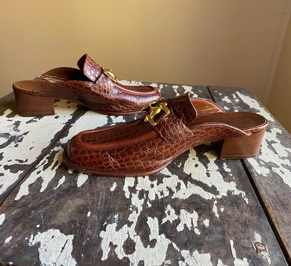 Vintage Y2K brown leather mules croc embossed sho… - image 5