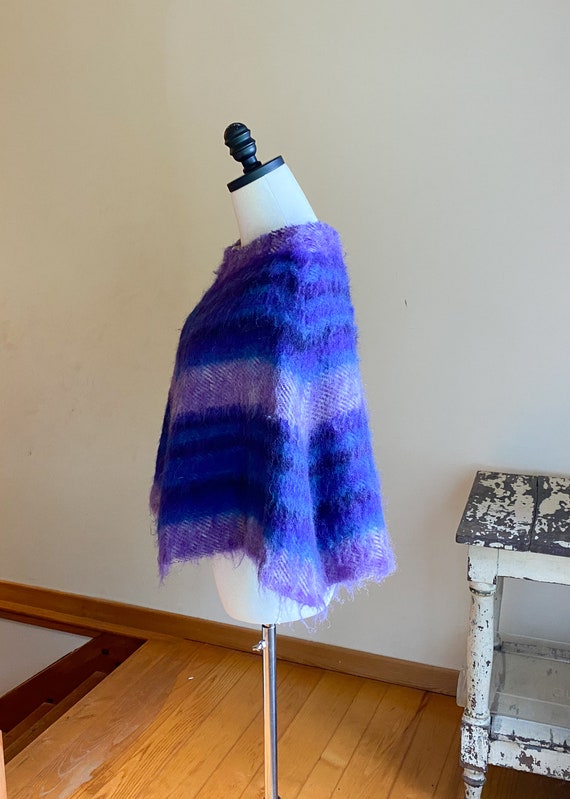 Vintage 70’s wool poncho purple & blue stripe sha… - image 3