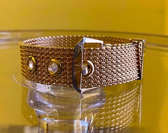 Mid Century Gold Mesh Buckle Cuff Bracelet, Vintage Wide  display picture 2