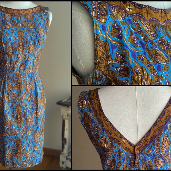 Vintage 60’s wiggle dress blue copper tiki print cocktail party pin up // 26” waist