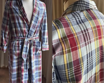 Vintage 60’s madras plaid cotton bathrobe shawl collar 44” chest
