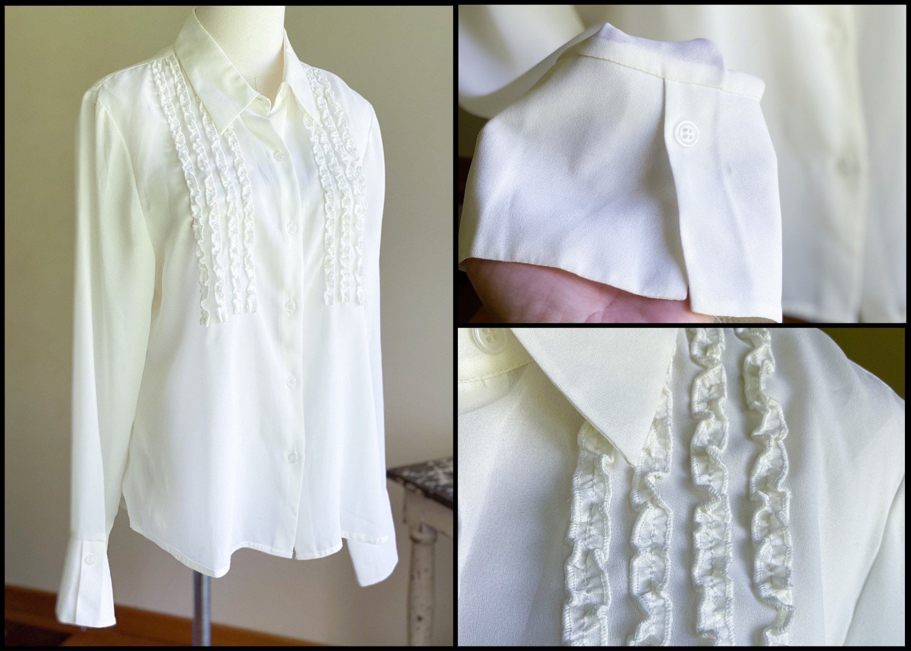 Vintage CHANEL Silk Tuxedo Blouse With Bow and 4-leaf Clover 