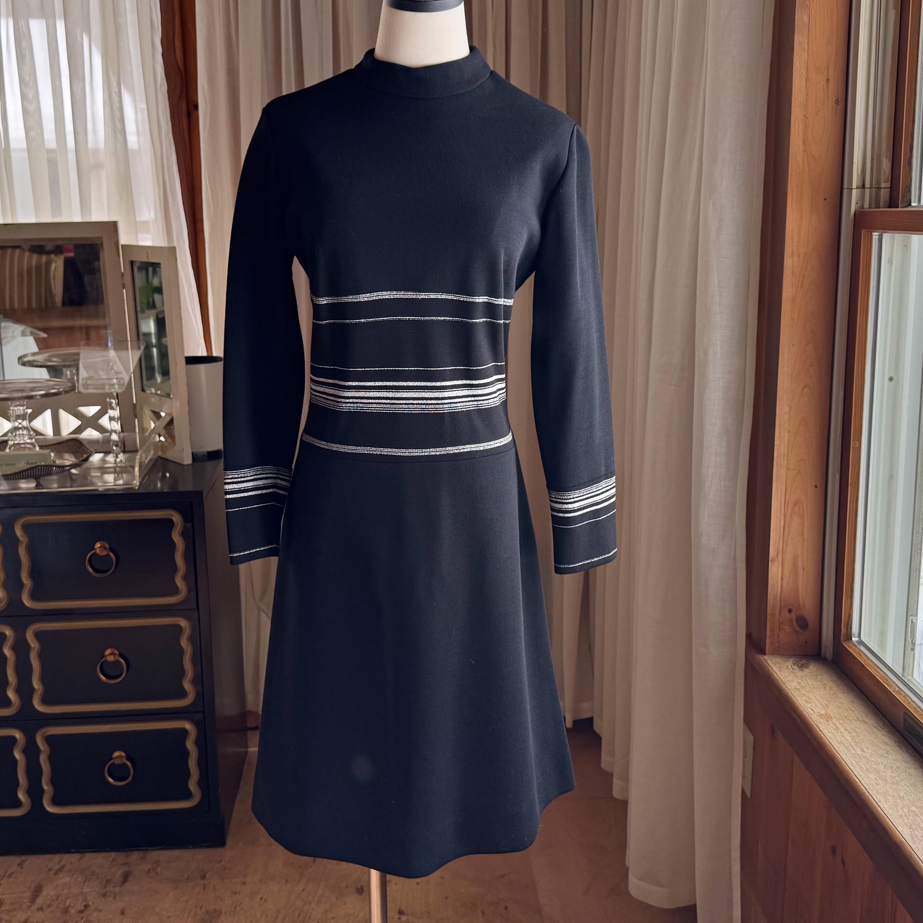 Vintage 70s black knit silver lurex stripe long sleeve mock neck shift dress // 38 bust Vintage 70s black knit silver lurex stripe long sleeve mock neck shift dress // 38 bust