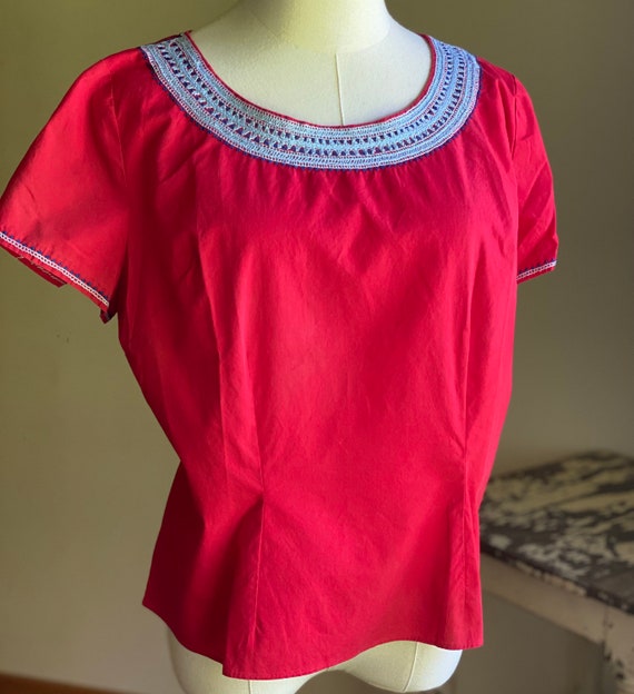 Vintage 1950’s peasant blouse red aqua navy blue cott… Gem
