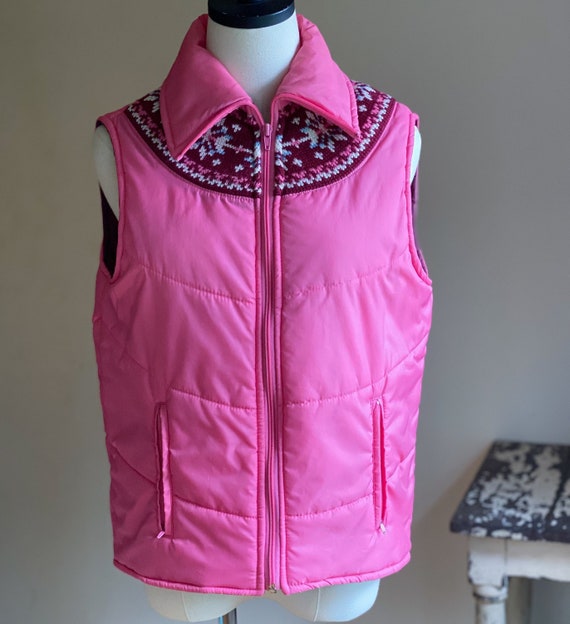 Vintage 80’s fair isle puffer vest hot pink snowf… - image 2