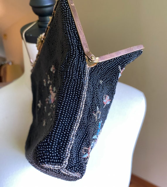 Vintage 30’s black beaded evening bag blue pink f… - image 6