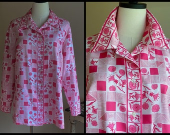 Vintage 70’s blouse pink & white twill preppy print Alex Colman // 44” bust