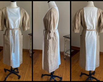 Vintage 80’s linen dress white & tan color block puff short sleeve POCKETS! Abe Schrader // 40” bust