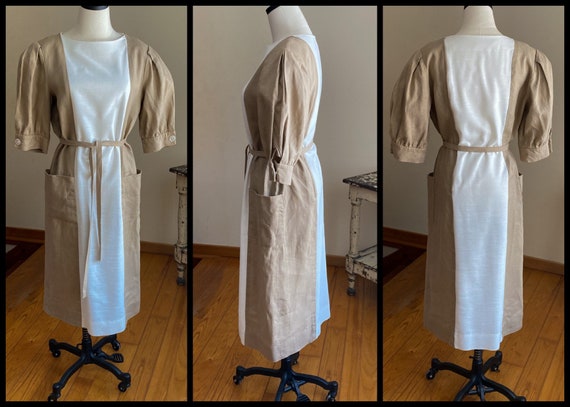 Vintage 80’s linen dress white & tan color block … - image 1