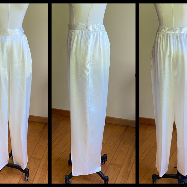 Vintage 80’s evening pants ivory satin high waisted pleats side button // 26-28” waist