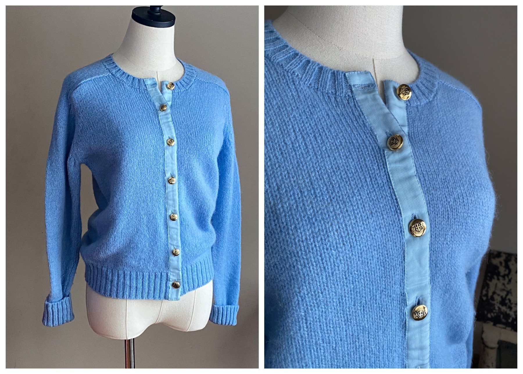 Vintage 70's Cornflower Blue Shetland Wool Cardigan Deans of