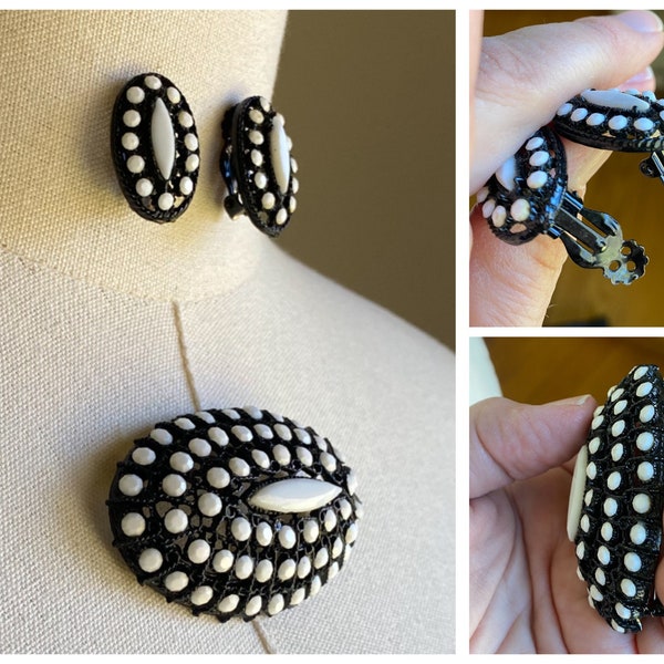 Vintage 70’s mod pin & clip earrings black enamel white rhinestones MCM set