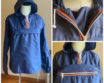 May include: A navy blue hooded jacket with a zipper closure and orange and white trim. The jacket has a kangaroo pocket and a drawstring hood.