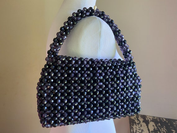 Vintage 60’s beaded crochet purse black & purple … - image 2