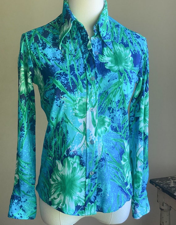 Vintage 70’s blouse blue & green mod floral print… - image 2