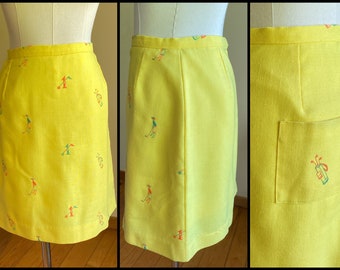 Vintage 70’s golf skort sunny yellow linen embroidered skirt Leon Levin // 29” waist