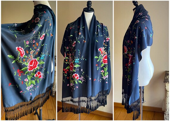 Vintage black embroidered piano shawl multicolor … - image 1